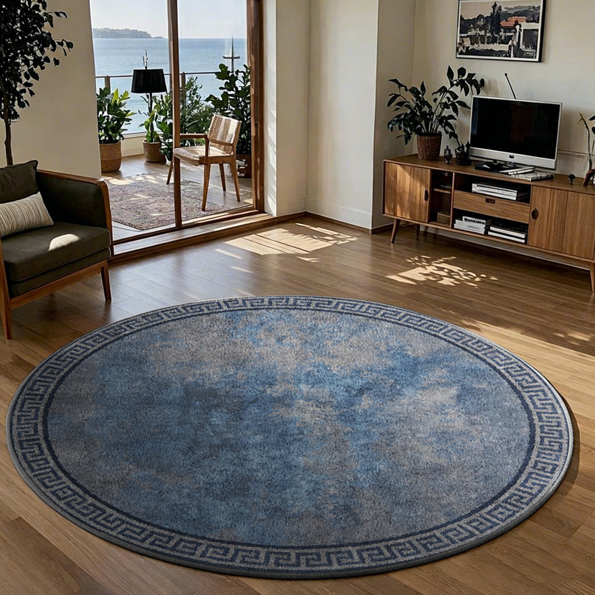 Tapis rond bleu gris effet pierre usée, bordure grecque
