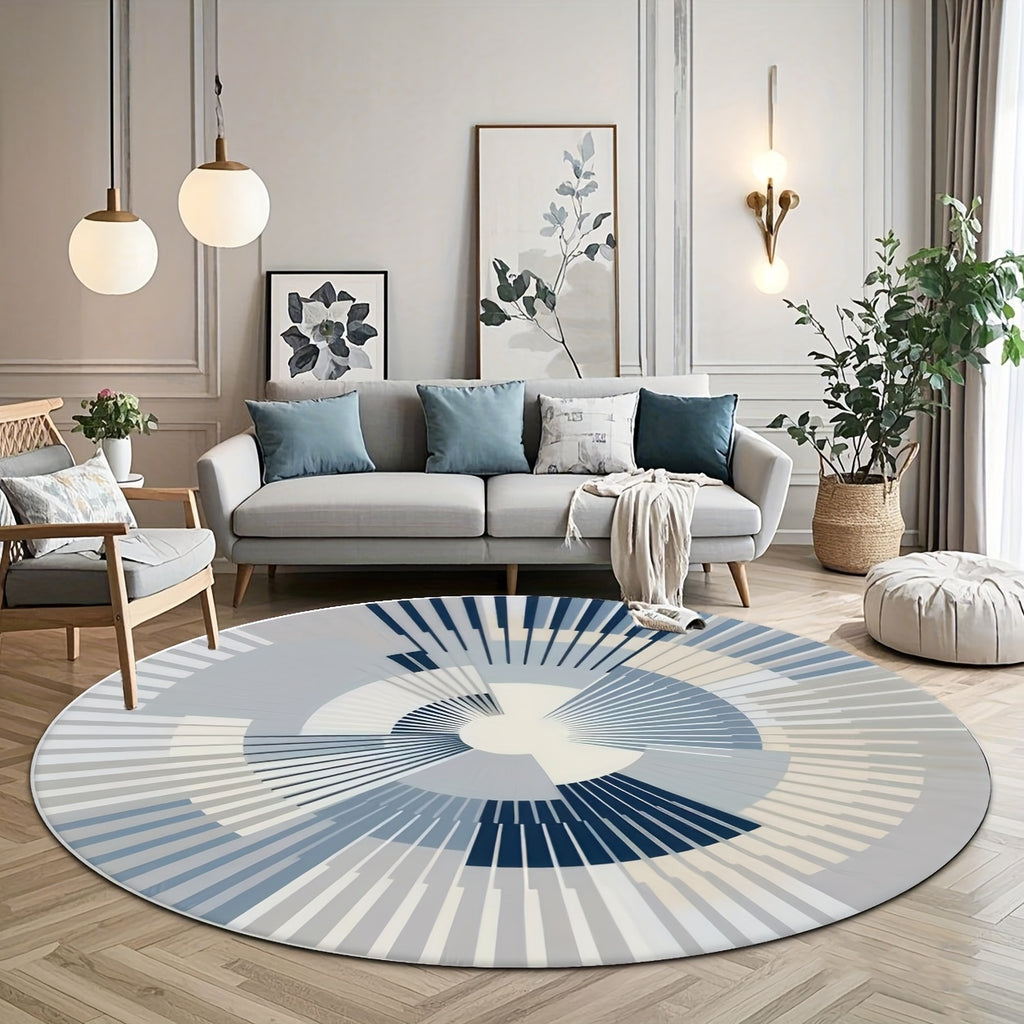 Tapis rond bleu et gris à rayons en spirale, tissage ras