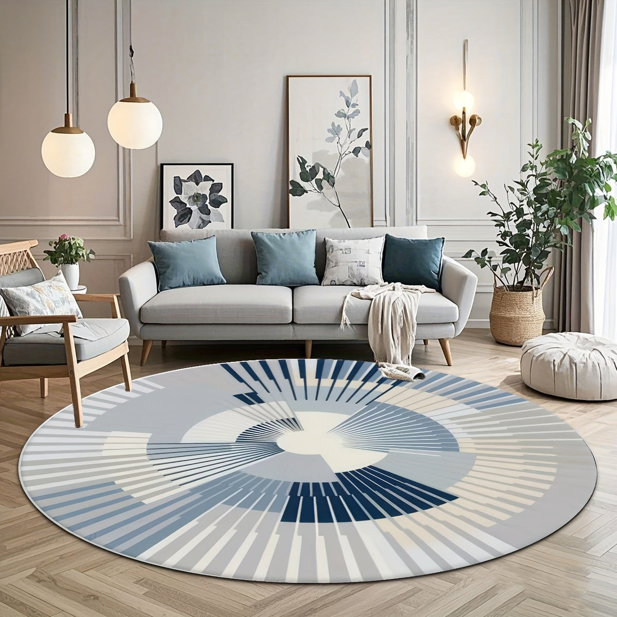 Tapis rond bleu et gris à rayons en spirale, tissage ras