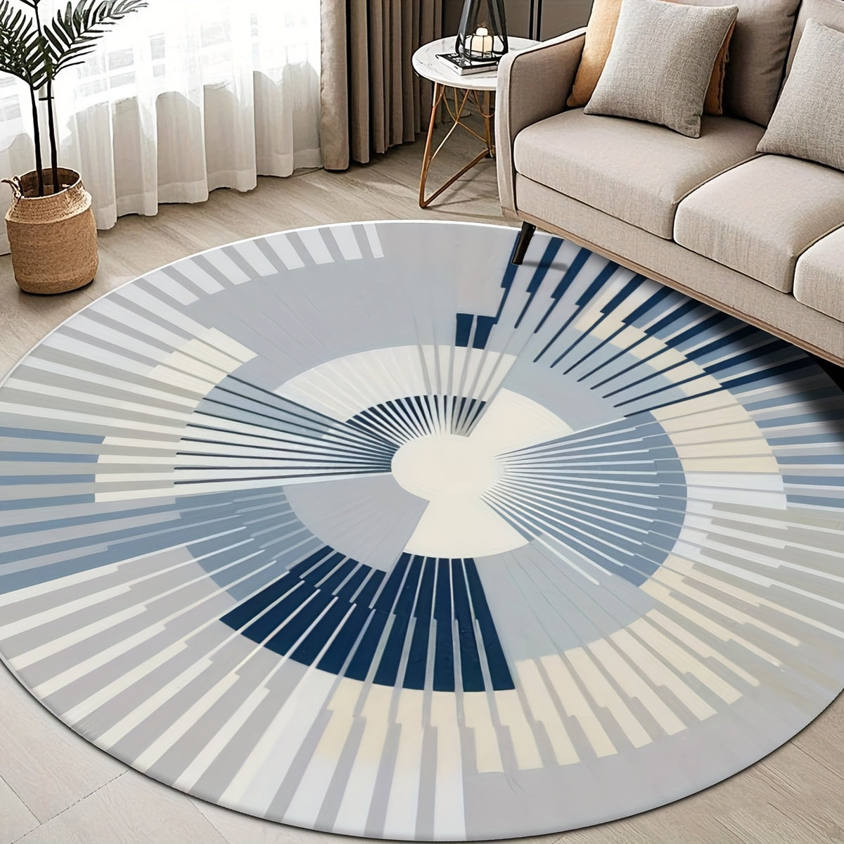 Tapis rond bleu et gris à rayons en spirale, tissage ras