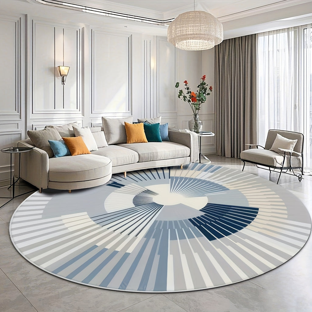 Tapis rond bleu et gris à rayons en spirale, tissage ras