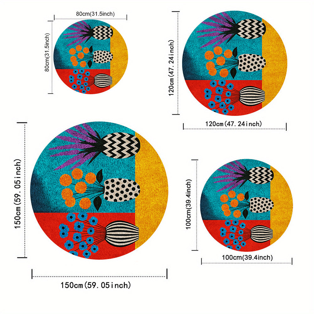 Tapis rond bleu, jaune et rouge à vases fleuris, Ø 60-180