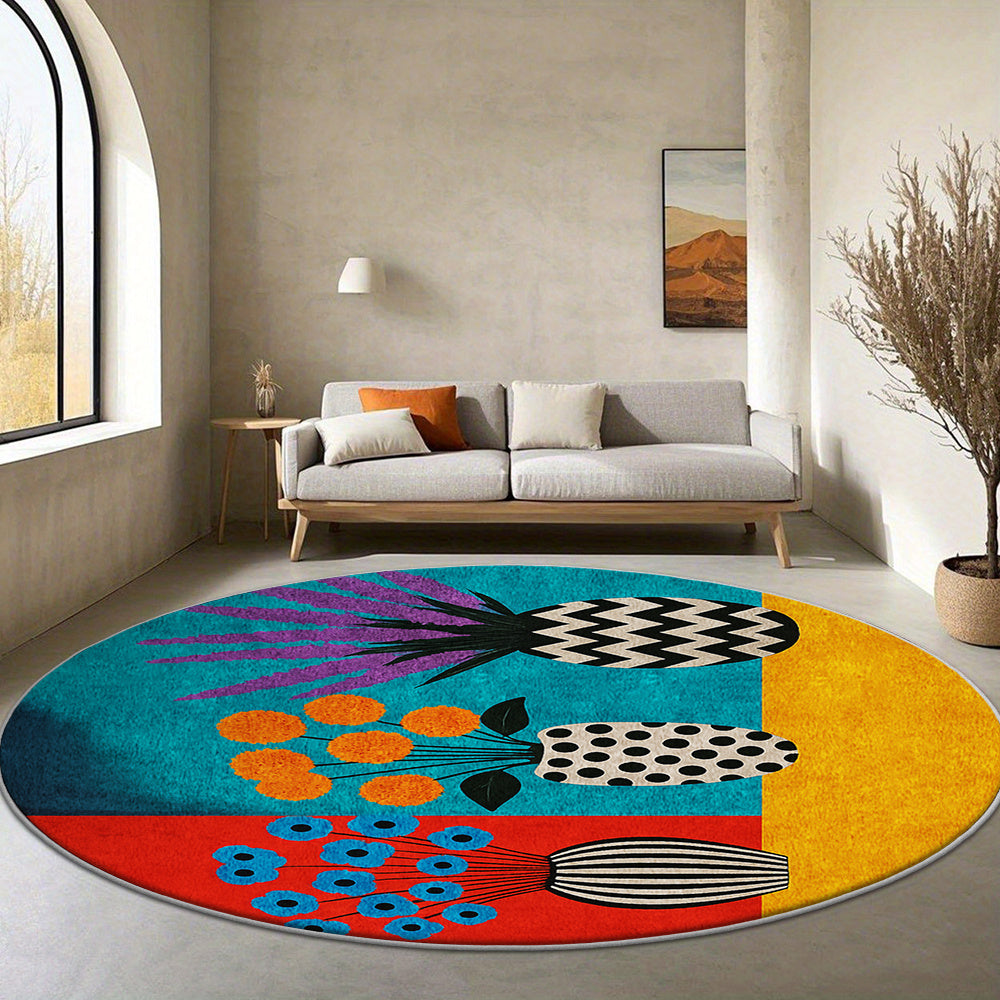 Tapis rond bleu, jaune et rouge à vases fleuris, Ø 60-180
