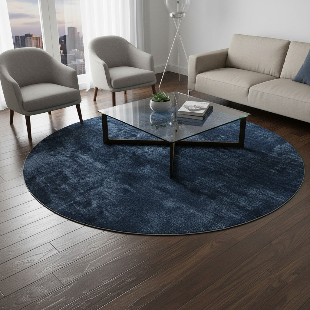 Tapis rond bleu marine à effet délavé, Ø 160 cm en velours