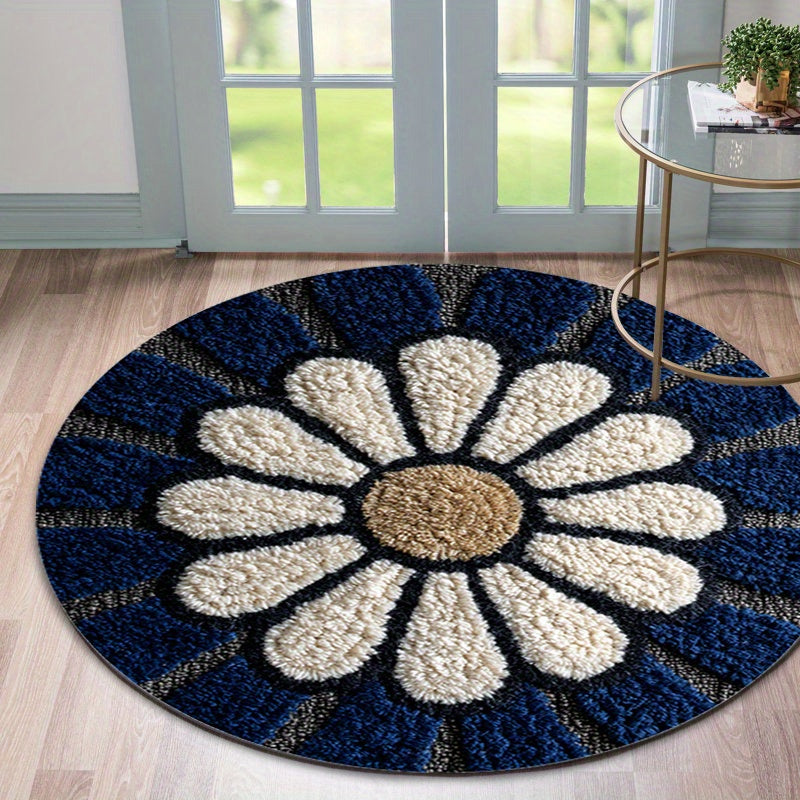 Tapis rond bleu marine à grande marguerite blanche, 60 à 120 cm