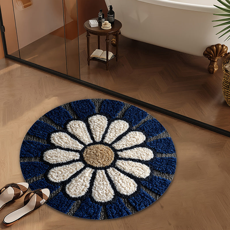 Tapis rond bleu marine à grande marguerite blanche, 60 à 120 cm