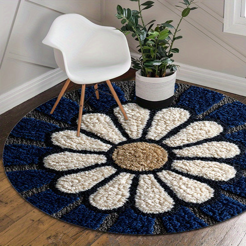 Tapis rond bleu marine à grande marguerite blanche, 60 à 120 cm