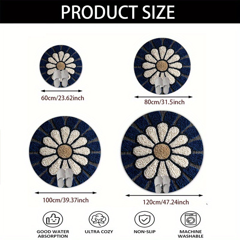 Tapis rond bleu marine à grande marguerite blanche, 60 à 120 cm
