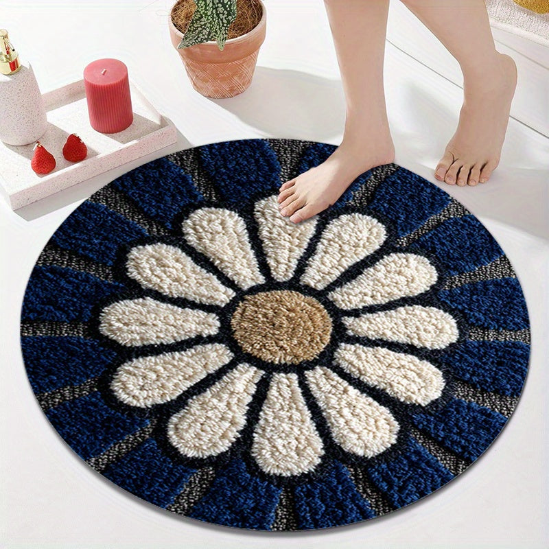 Tapis rond bleu marine à grande marguerite blanche, 60 à 120 cm