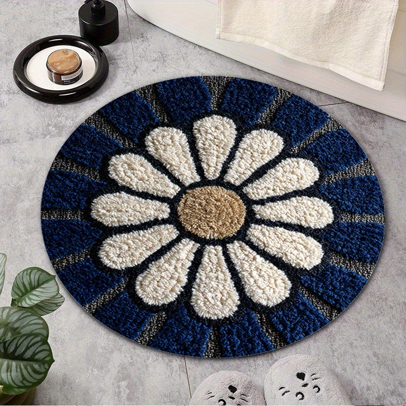 Tapis rond bleu marine à grande marguerite blanche, 60 à 120 cm