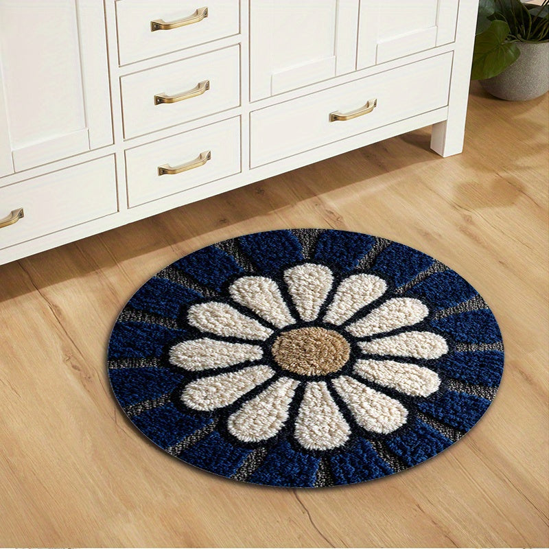 Tapis rond bleu marine à grande marguerite blanche, 60 à 120 cm