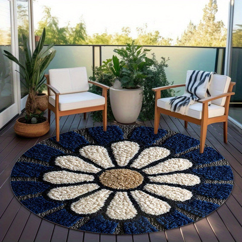 Tapis rond bleu marine à grande marguerite blanche, 60 à 120 cm