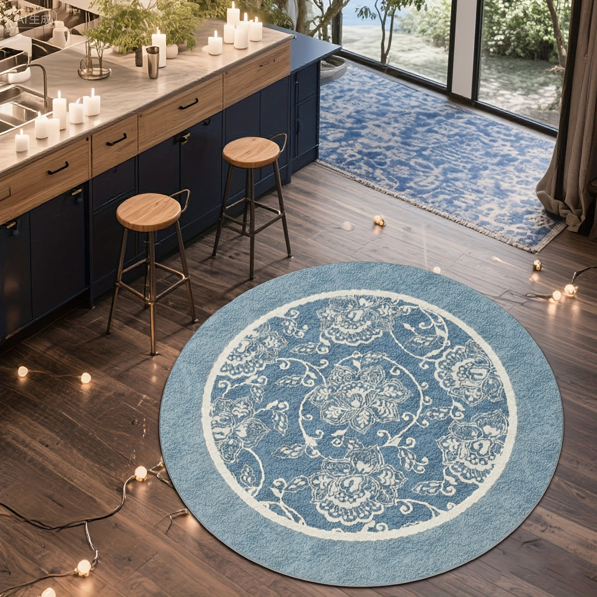 Tapis rond bleu médaillon floral vintage en velours, Ø 200 cm