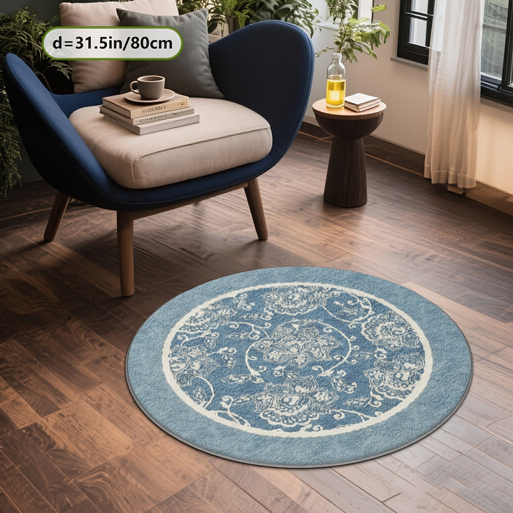 Tapis rond bleu médaillon floral vintage en velours, Ø 200 cm