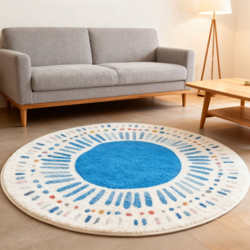 Tapis rond bleu à motif soleil rayonnant, 140 ou 160 cm