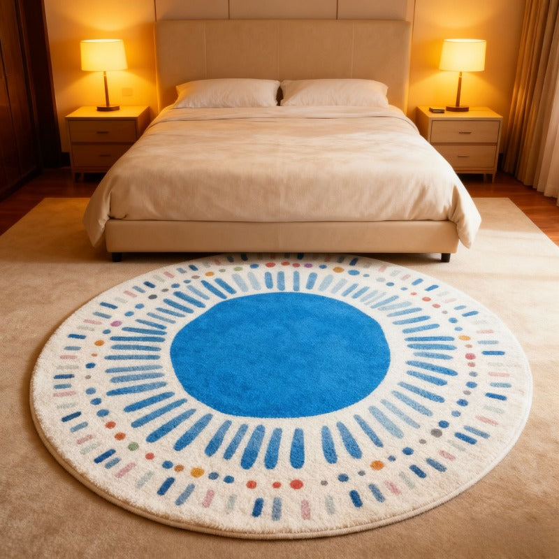Tapis rond bleu à motif soleil rayonnant, 140 ou 160 cm