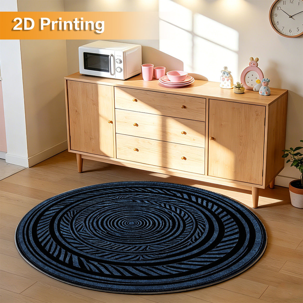 Tapis rond bleu et noir à anneaux concentriques, Ø 80 à 200 cm
