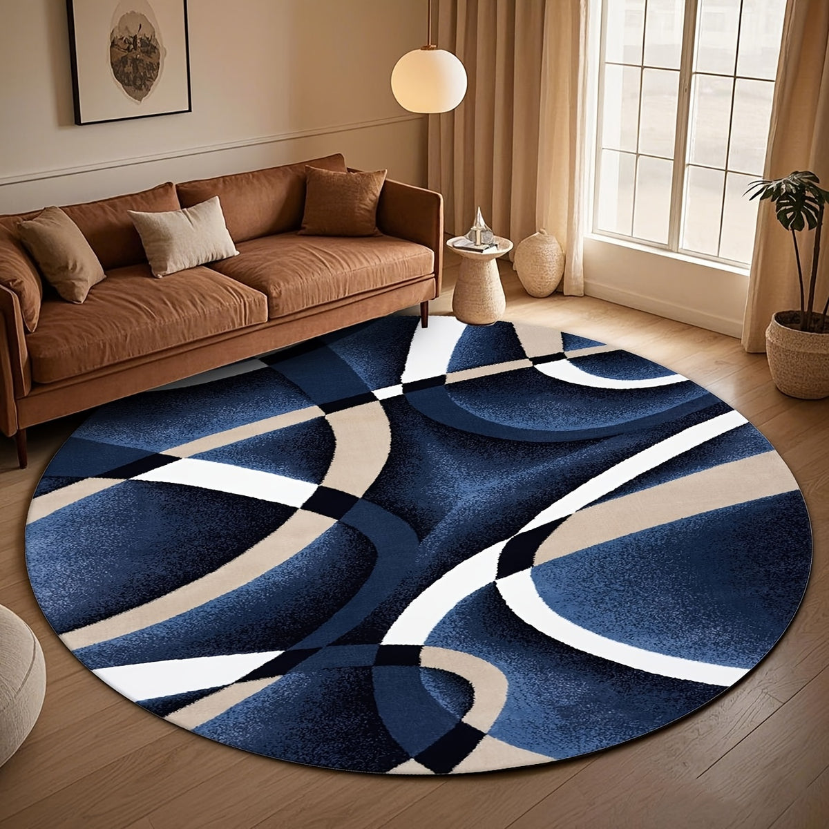 Tapis rond bleu nuit à entrelacs beiges, grand Ø 200 cm