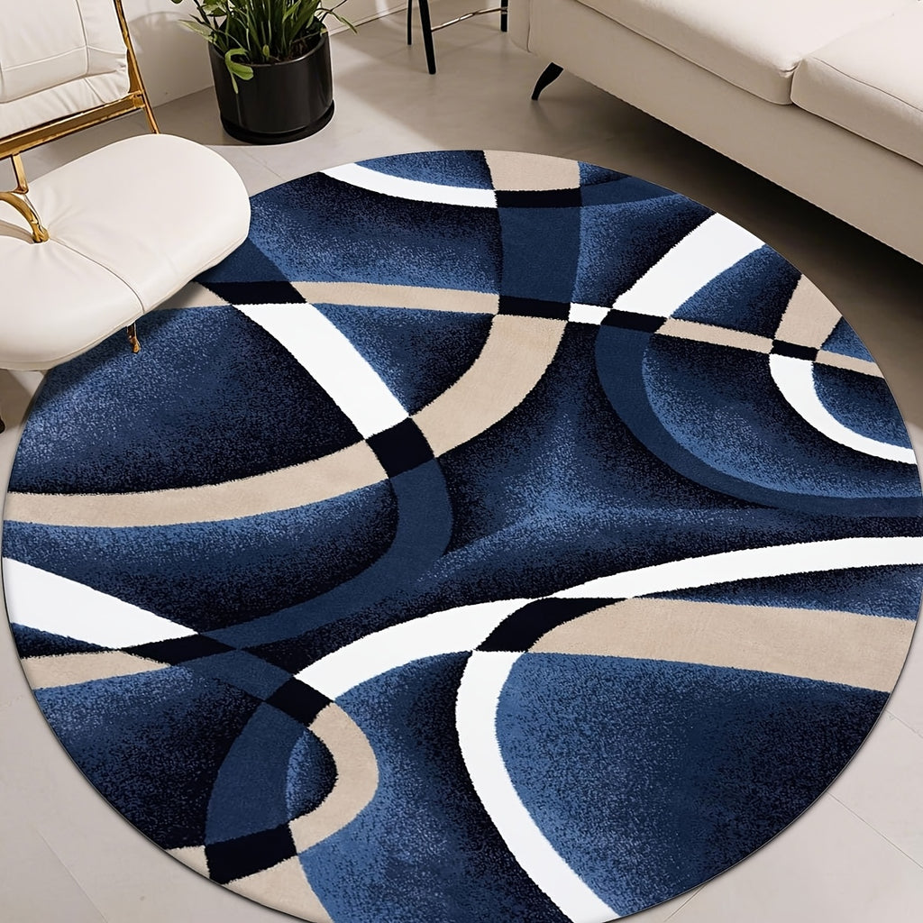 Tapis rond bleu nuit à entrelacs beiges, grand Ø 200 cm