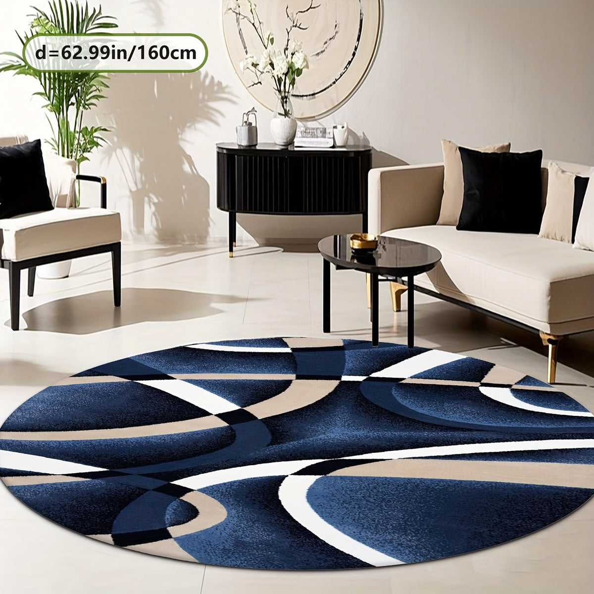 Tapis rond bleu nuit à entrelacs beiges, grand Ø 200 cm