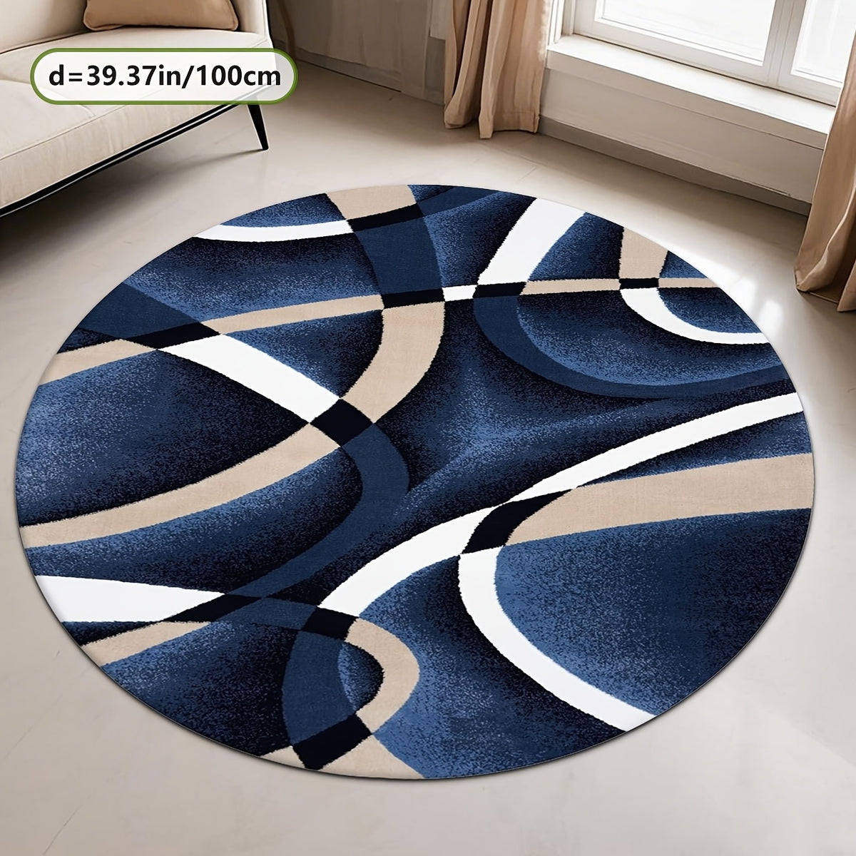 Tapis rond bleu nuit à entrelacs beiges, grand Ø 200 cm