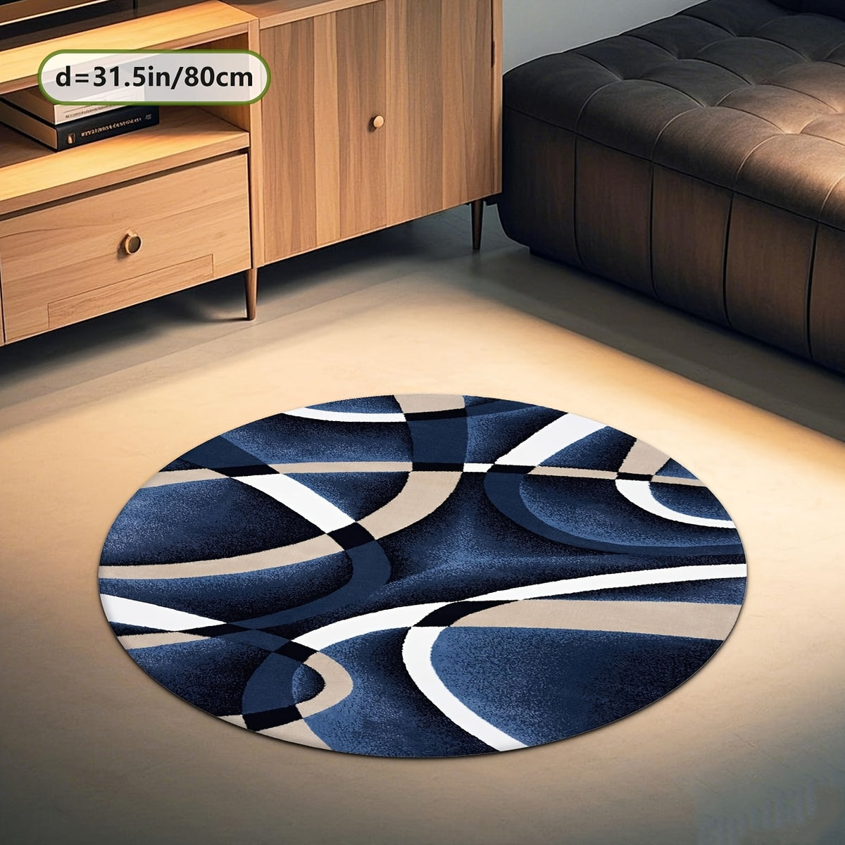 Tapis rond bleu nuit à entrelacs beiges, grand Ø 200 cm