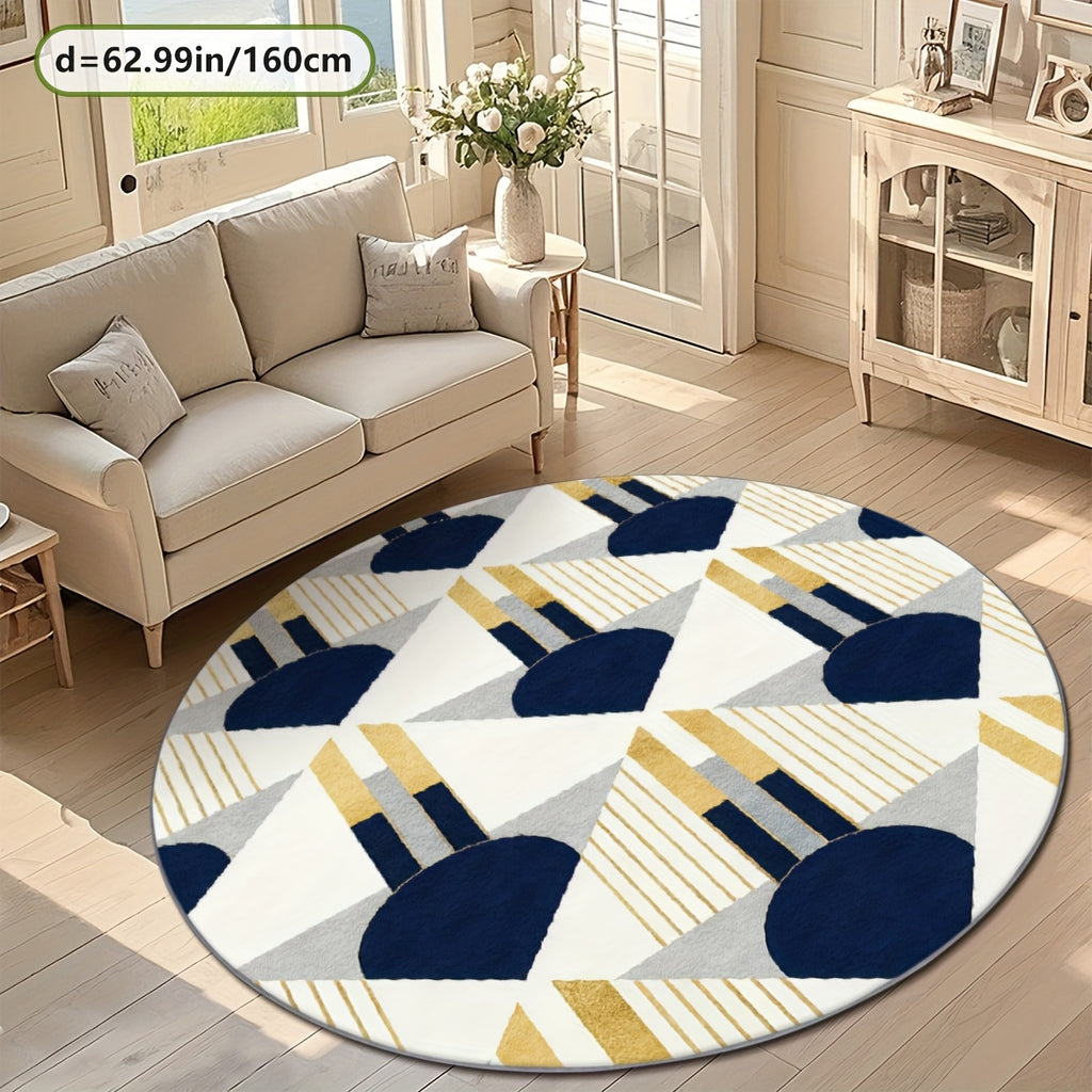Tapis rond graphique bleu nuit, moutarde et gris, Ø 200 cm