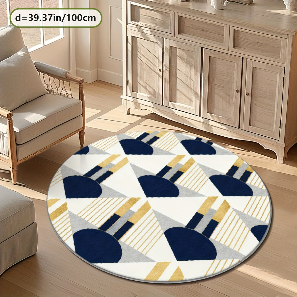 Tapis rond graphique bleu nuit, moutarde et gris, Ø 200 cm