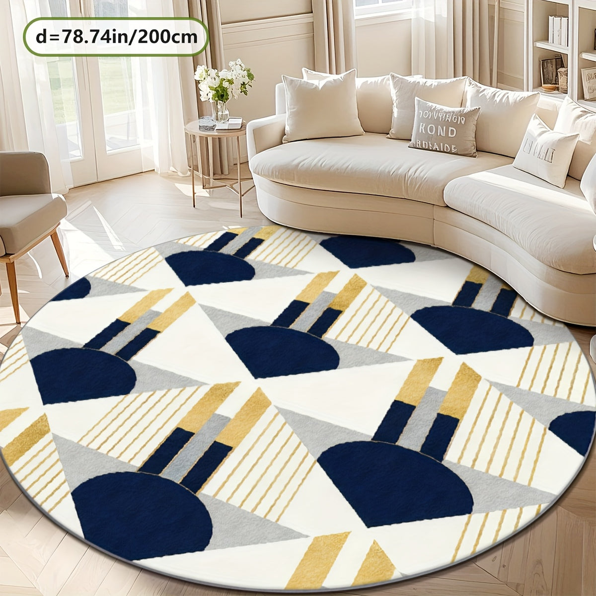 Tapis rond graphique bleu nuit, moutarde et gris, Ø 200 cm