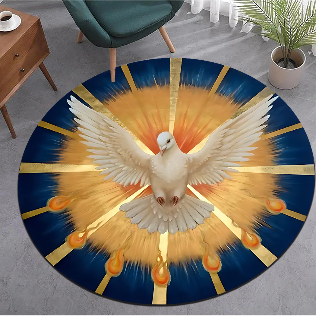 Tapis rond bleu nuit et or Ø 160 cm, colombe aux ailes ouvertes