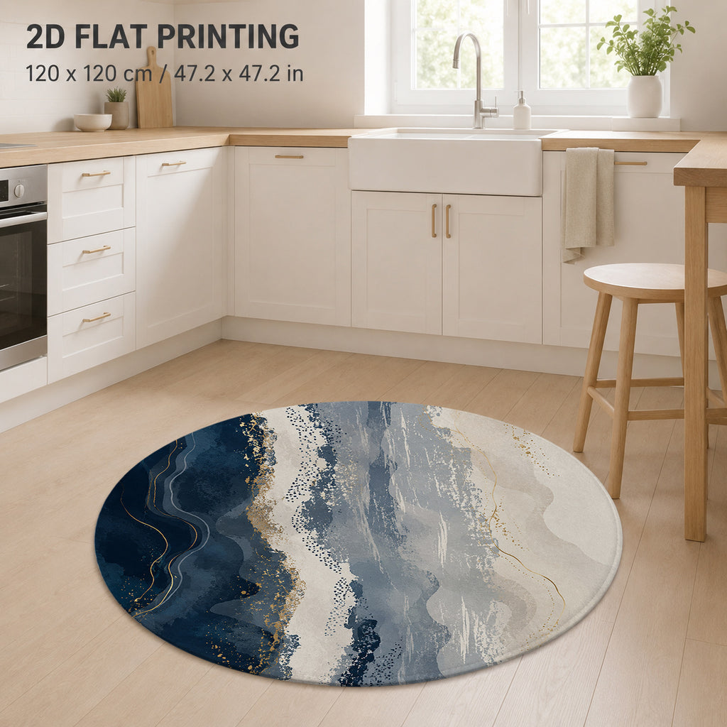 Tapis rond bleu nuit à veines dorées façon agate, 60 à 120 cm