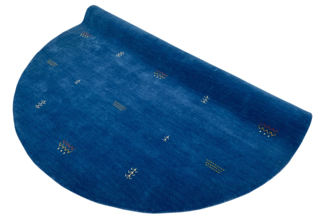 Tapis rond Gabbeh en laine bleu franc, 200 cm tissé main