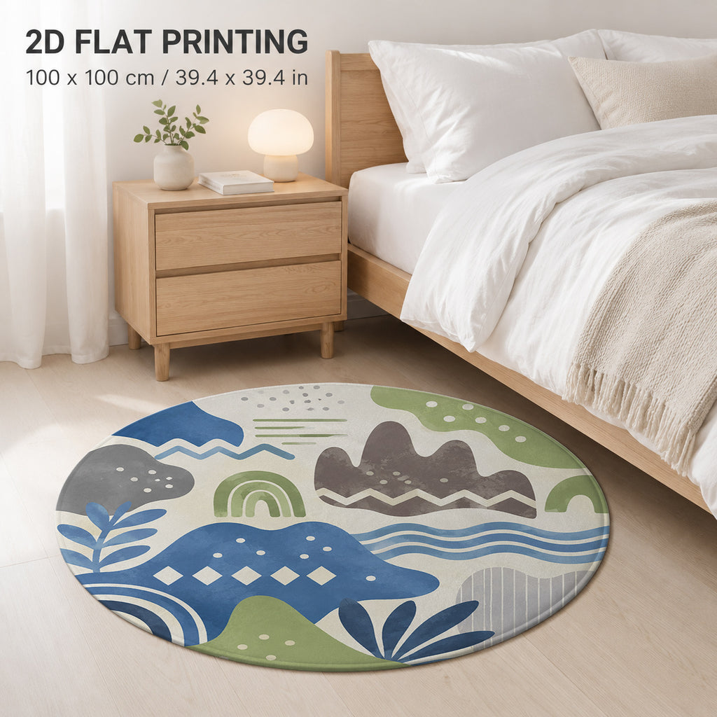 Tapis rond à paysage géométrique bleu, quatre diamètres