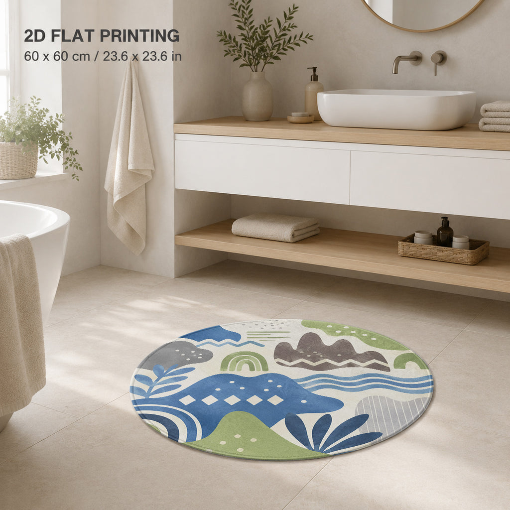 Tapis rond à paysage géométrique bleu, quatre diamètres