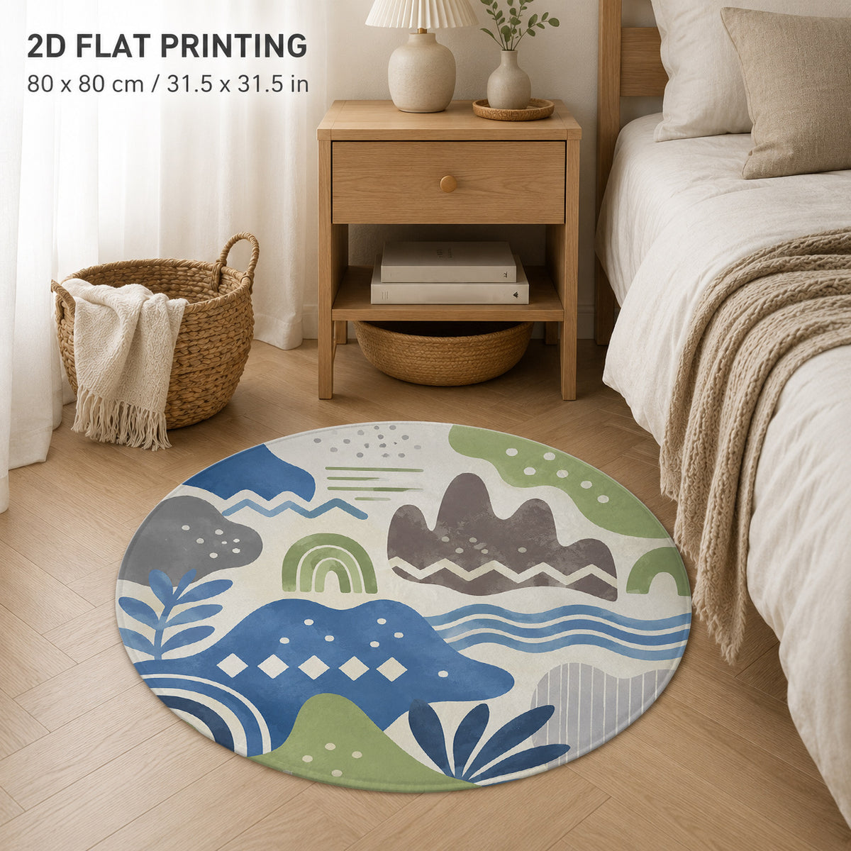Tapis rond à paysage géométrique bleu, quatre diamètres