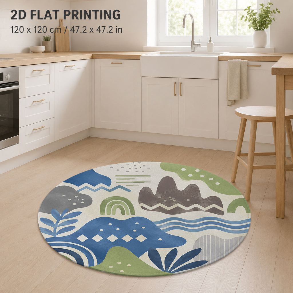 Tapis rond à paysage géométrique bleu, quatre diamètres