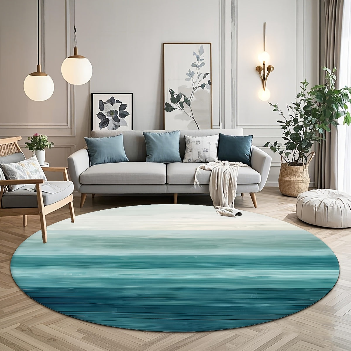 Tapis rond bleu pétrole Ø 200 cm, dégradé façon horizon marin