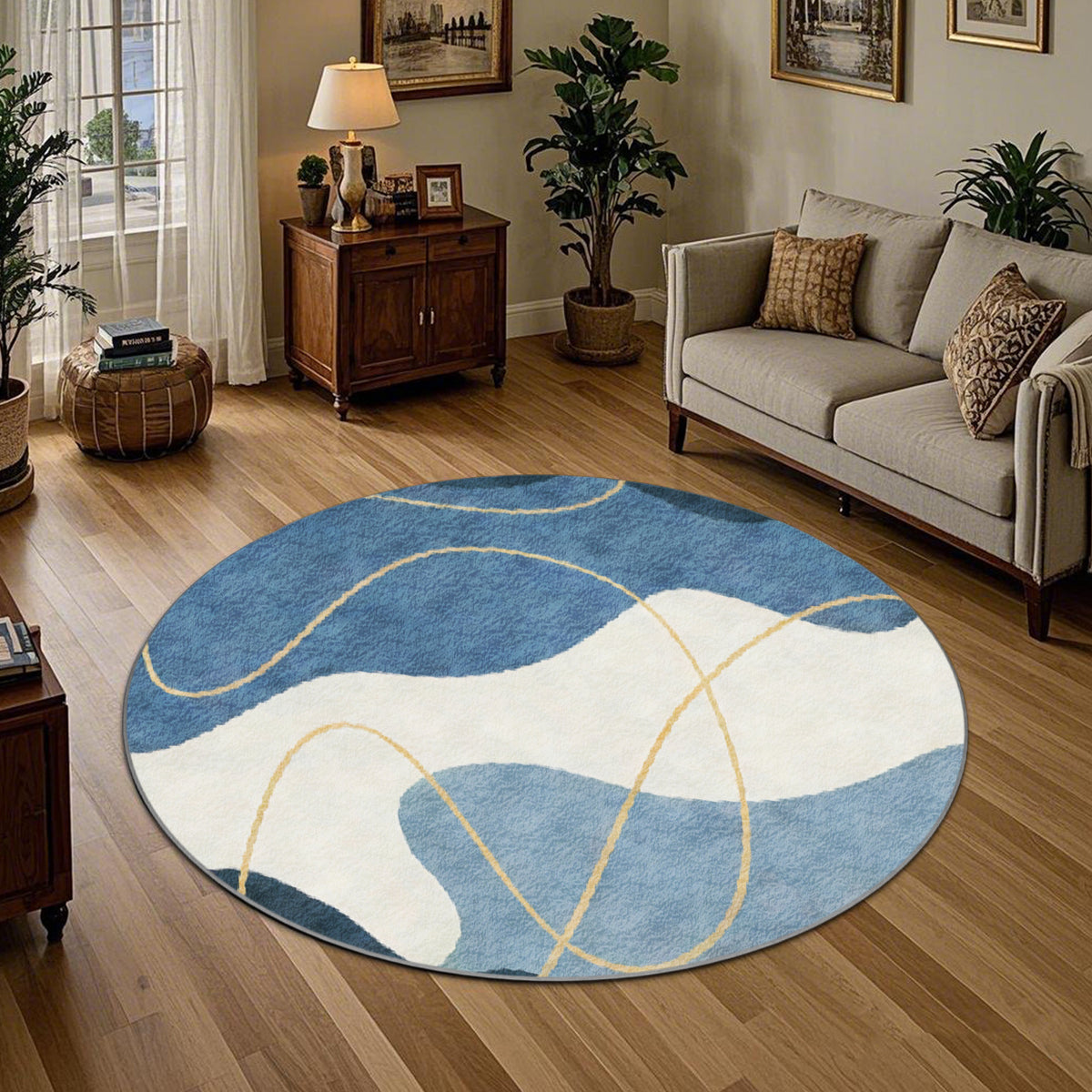 Tapis rond bleu et crème à courbes et fils dorés, 4 tailles