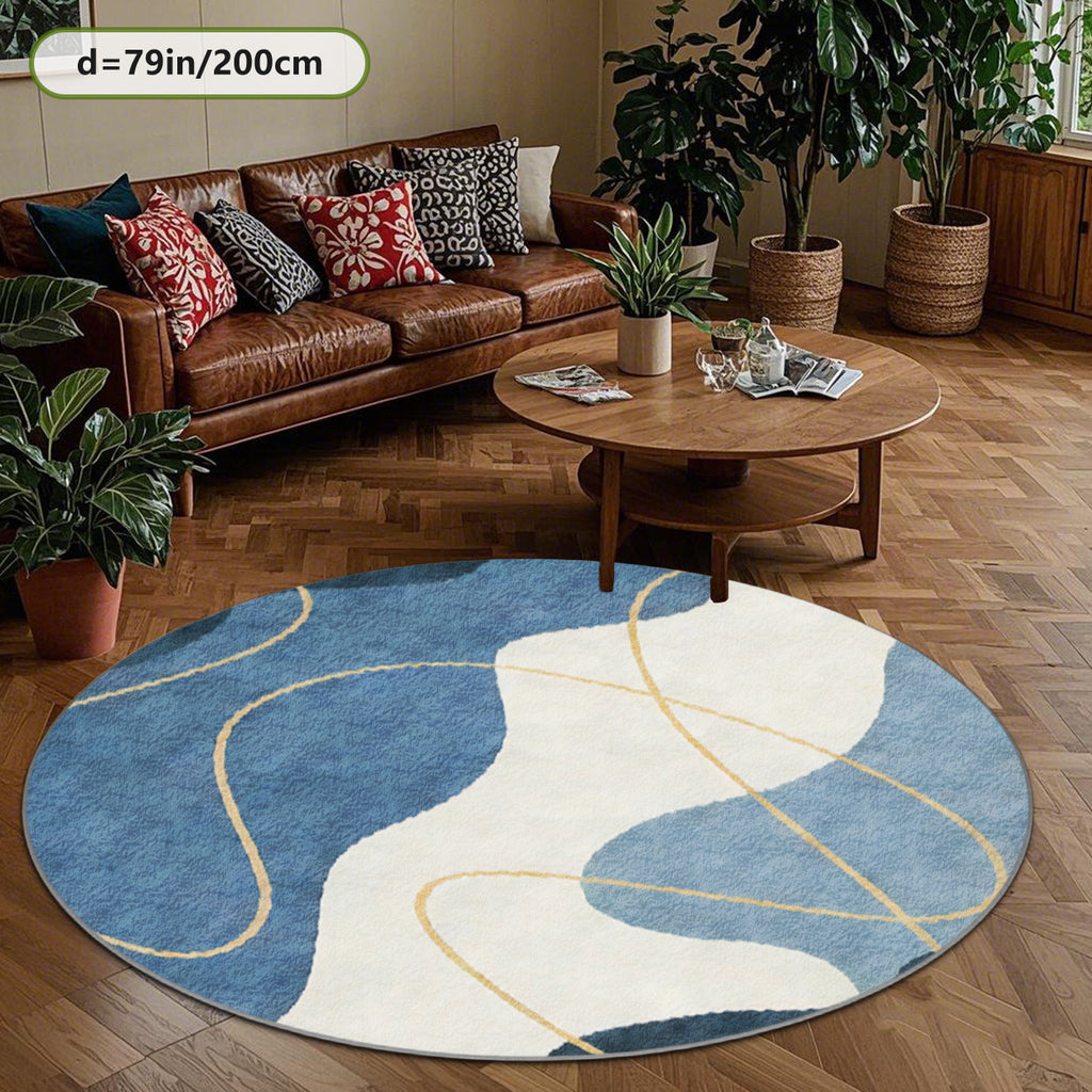 Tapis rond bleu et crème à courbes et fils dorés, 4 tailles