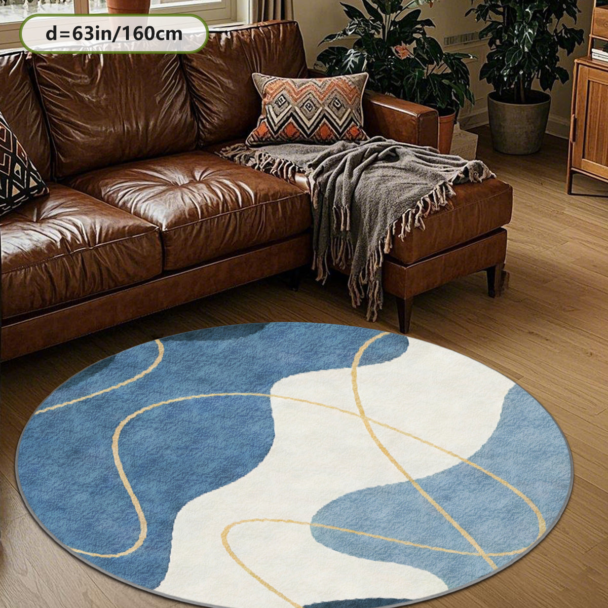 Tapis rond bleu et crème à courbes et fils dorés, 4 tailles