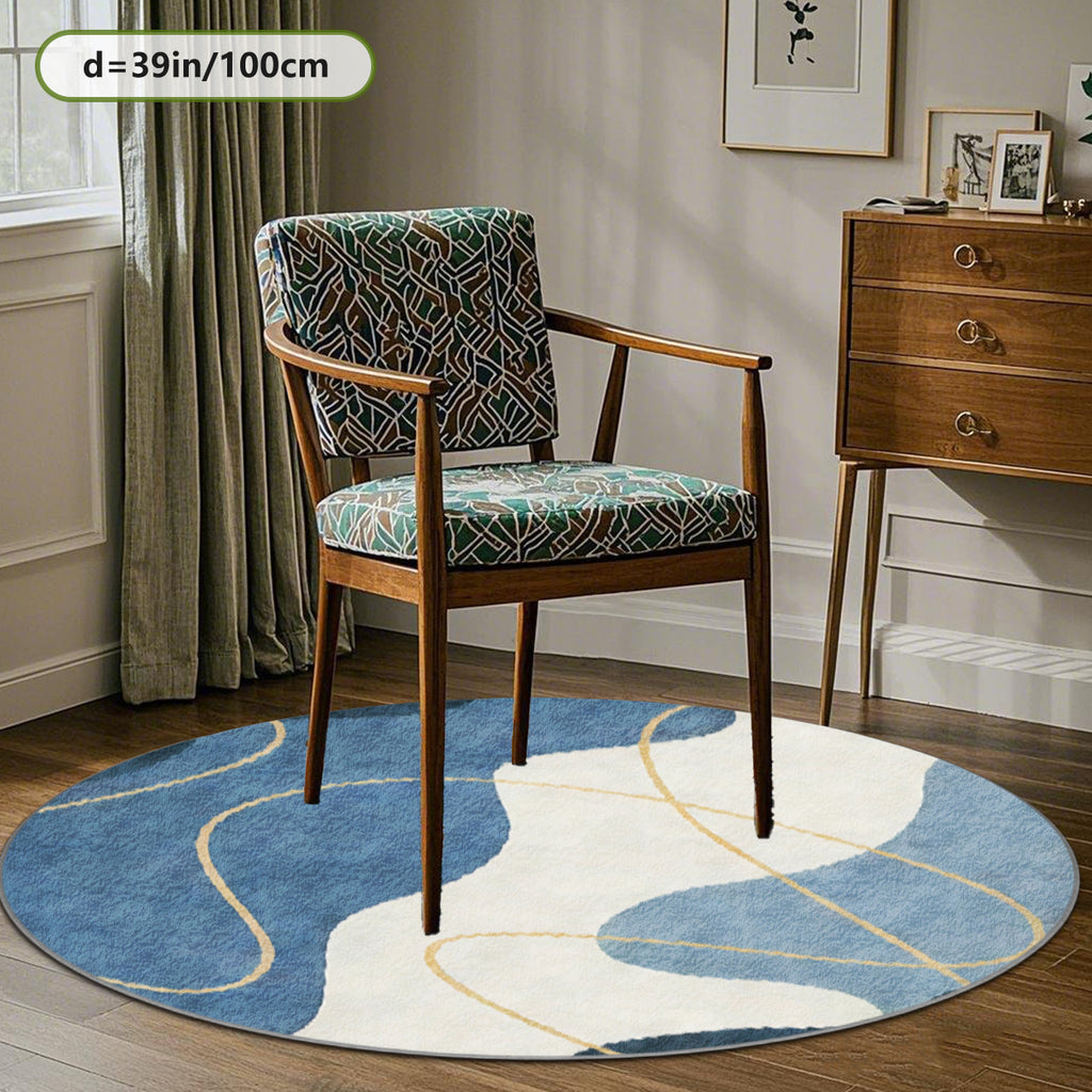 Tapis rond bleu et crème à courbes et fils dorés, 4 tailles
