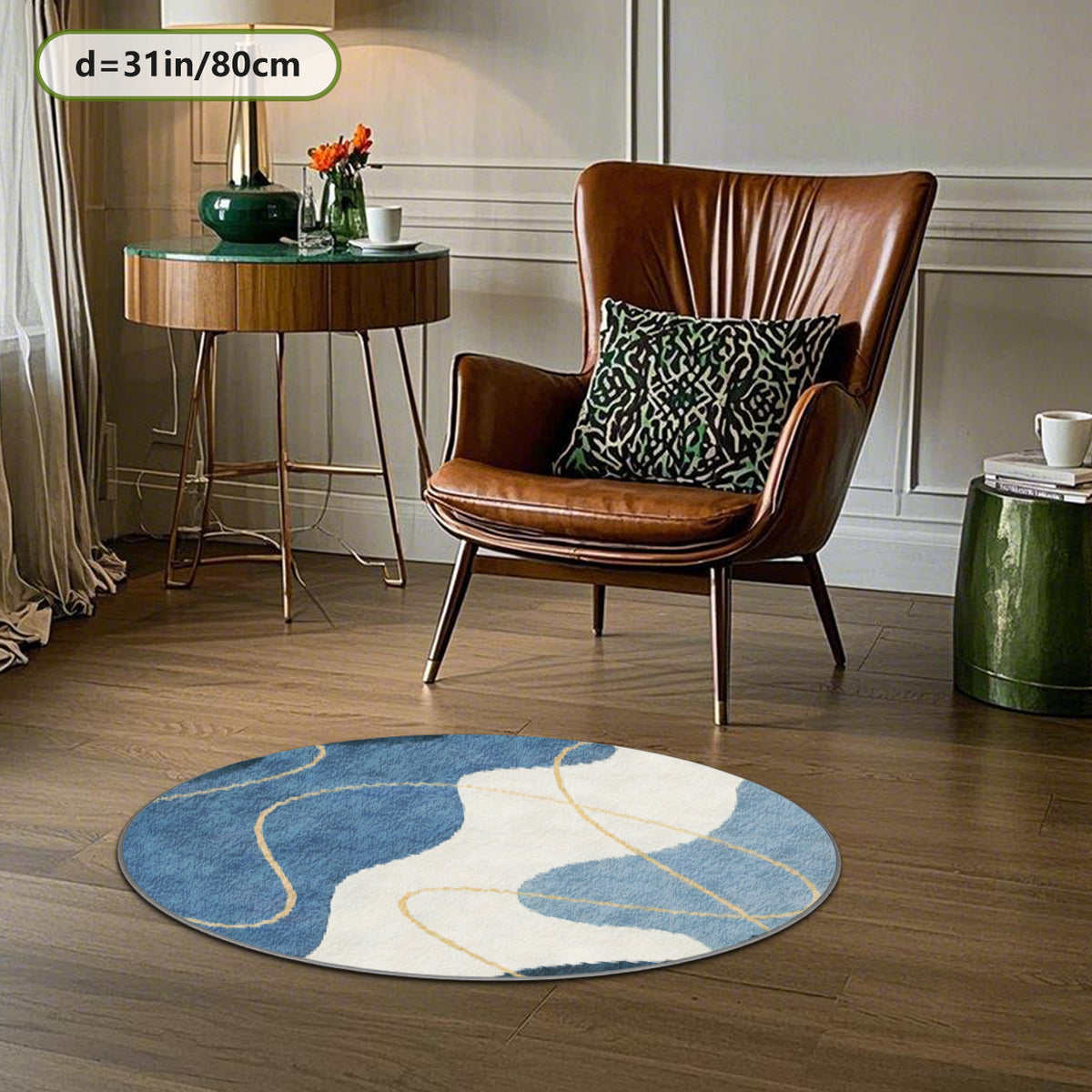 Tapis rond bleu et crème à courbes et fils dorés, 4 tailles