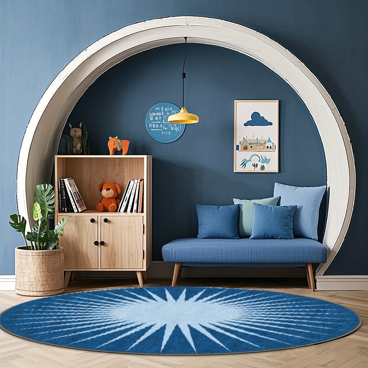 Tapis rond bleu à motif soleil radial, jusqu'à Ø 200 cm