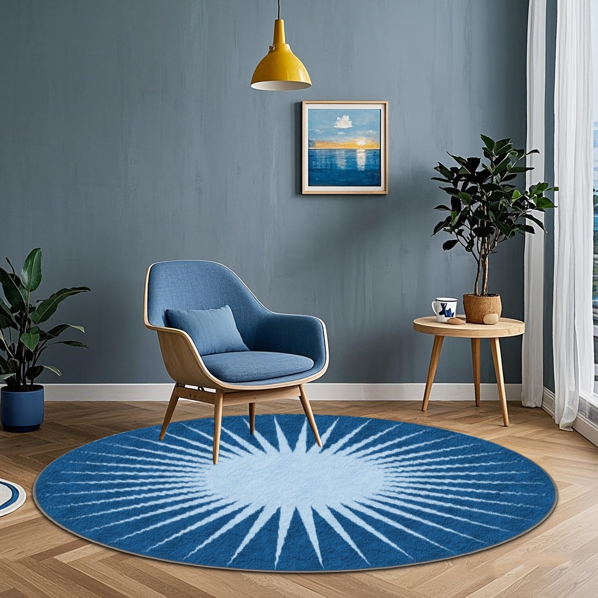 Tapis rond bleu à motif soleil radial, jusqu'à Ø 200 cm
