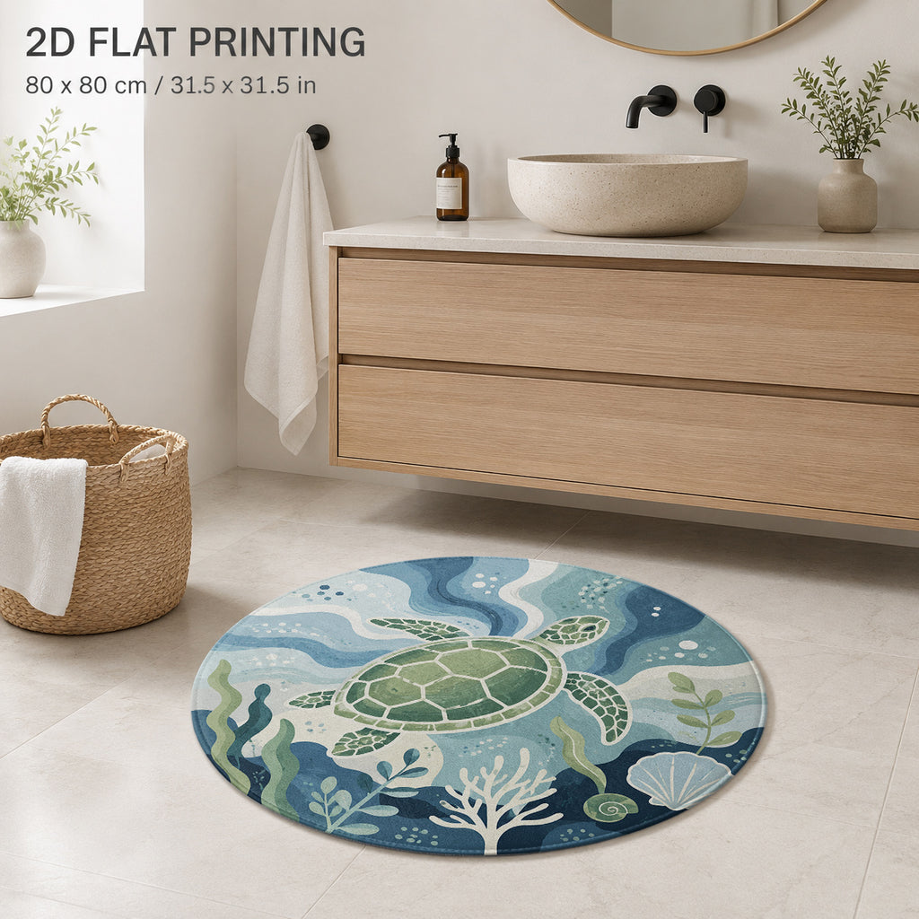 Tapis rond bleu à tortue de mer, quatre diamètres lavables