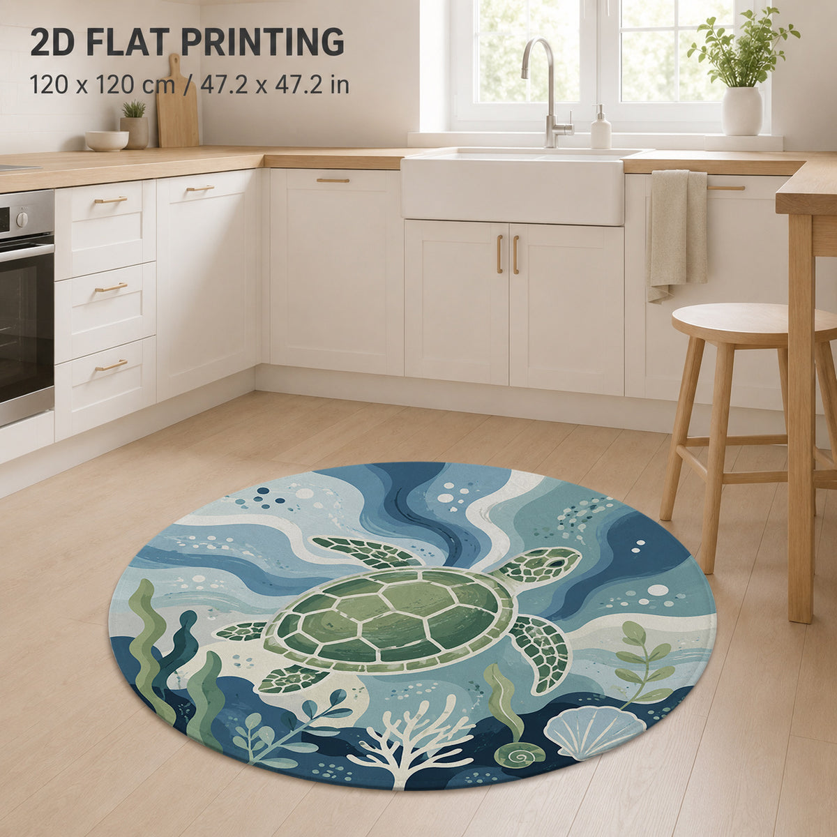 Tapis rond bleu à tortue de mer, quatre diamètres lavables