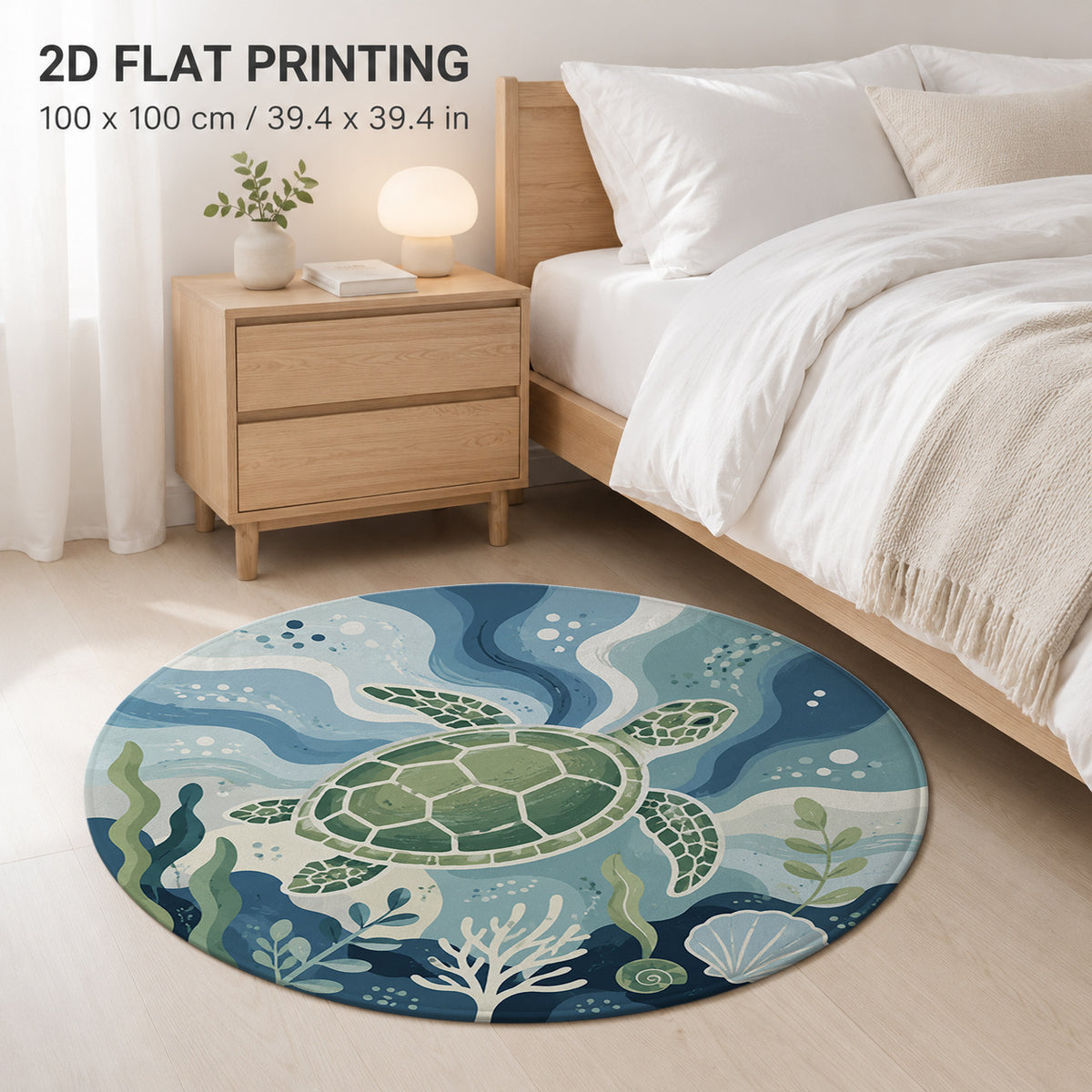 Tapis rond bleu à tortue de mer, quatre diamètres lavables