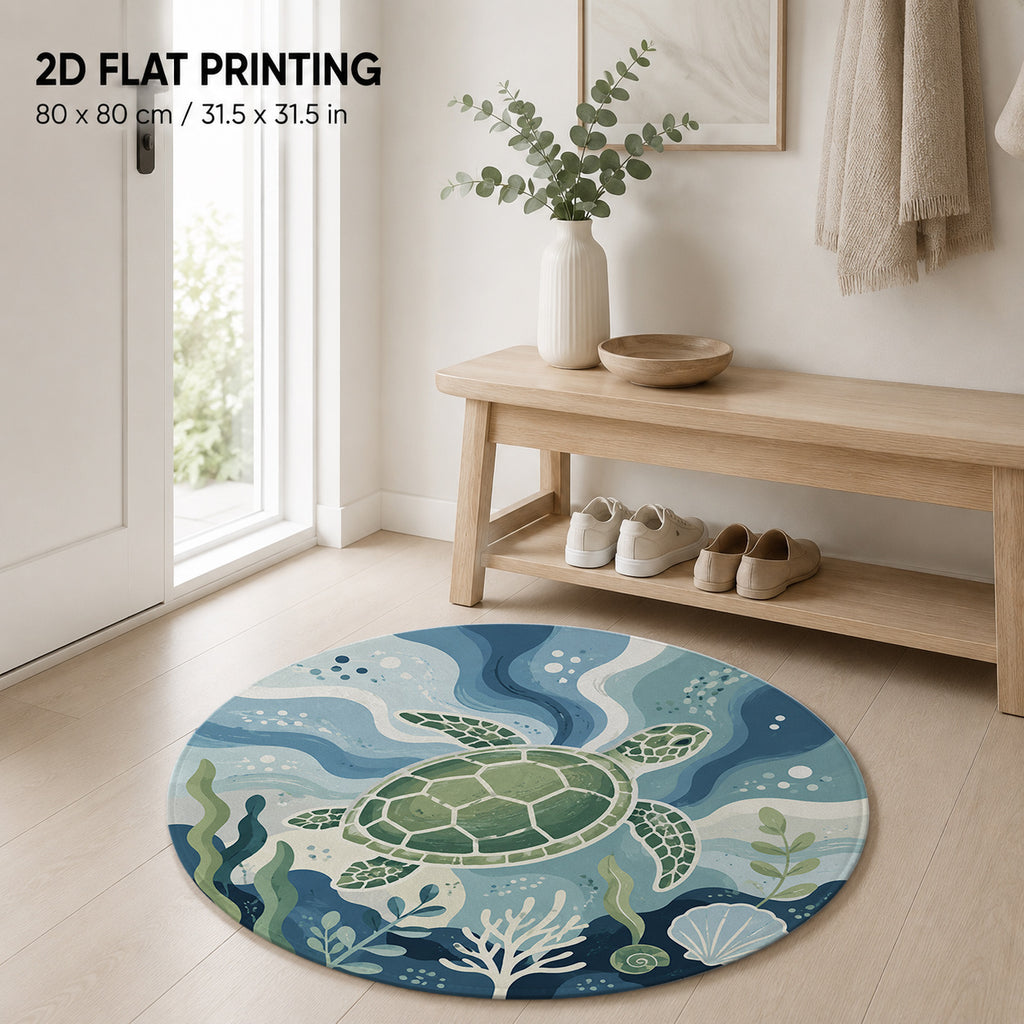 Tapis rond bleu à tortue de mer, quatre diamètres lavables