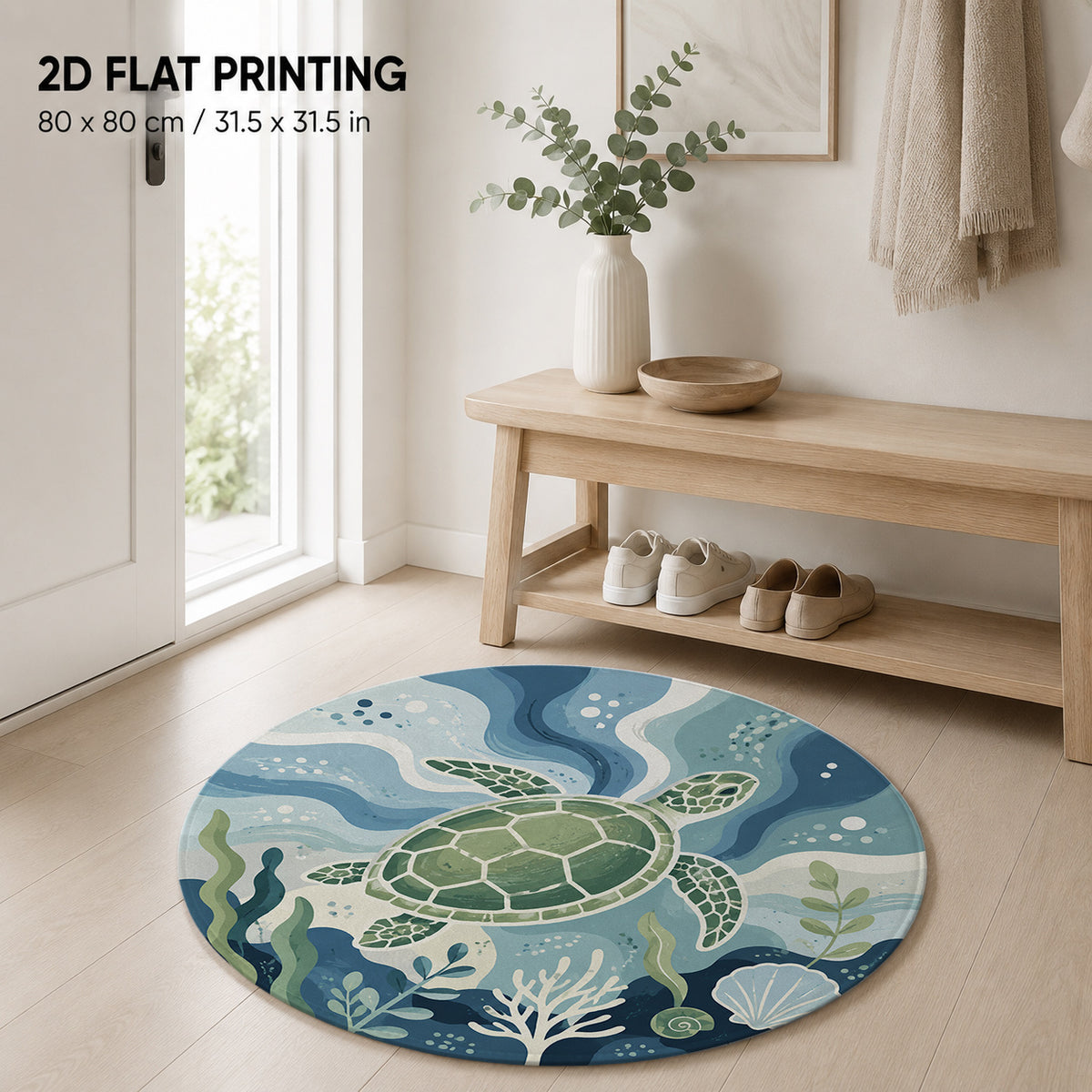 Tapis rond bleu à tortue de mer, quatre diamètres lavables