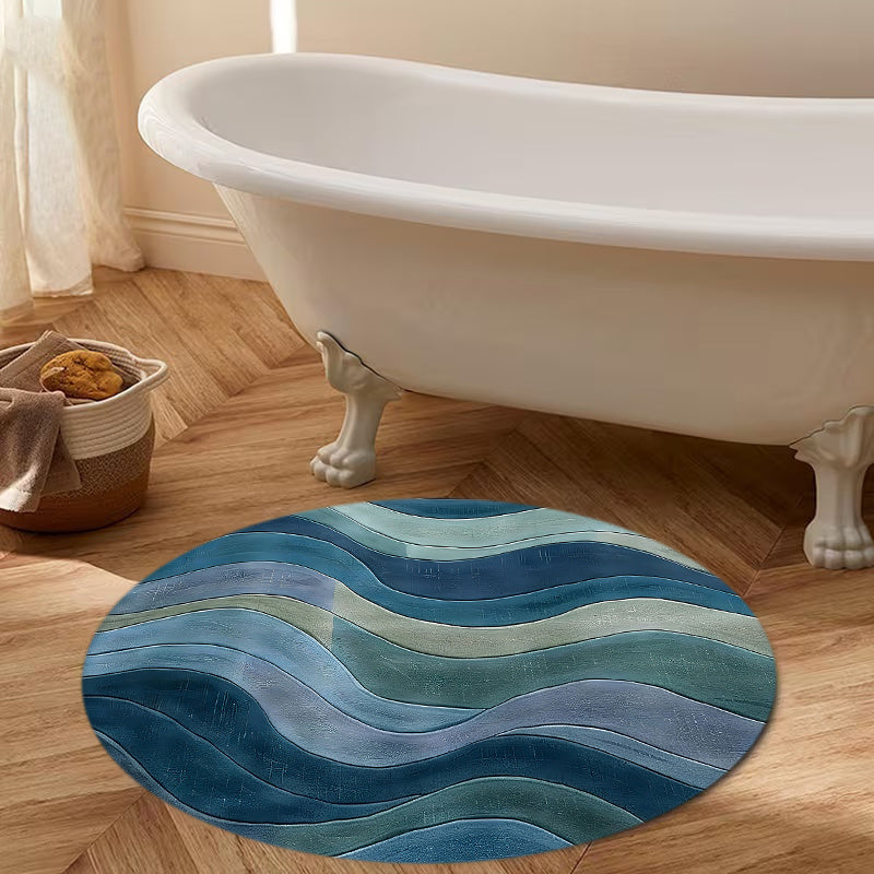 Tapis rond bleu à vagues dégradées, dos à points, 40 à 80 cm